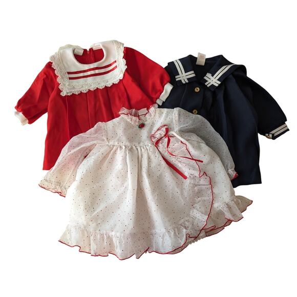 Lot of 3 Vintage 1980s Girls Dresses Sailor Ruffles Made in USA Holidays Size 2T - Picture 1 of 14